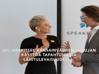 Suomessa järjestetään korkeatasoisia maailmanluokan tapahtumia, joiden puhujasisältö luodaan kansainvälisistä keynote-puhujista. Kuvassa: Laura Schwartz ja Eki Felt Speakersforumin asiakastilaisuudessa 2015, Espoossa.  